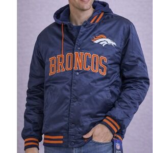 Denver Broncos Satin Bomber Jacket Hooded Ultra Game NFL Men's Small NWT
